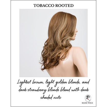 Diva in Tobacco Rooted-Lightest brown, light golden blonde, and dark strawberry blonde blend with dark shaded roots