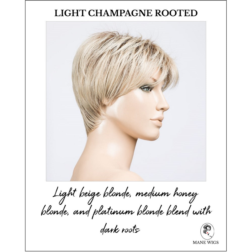 Elan in Light Champagne Rooted-Light beige blonde, medium honey blonde, and platinum blonde blend with dark roots