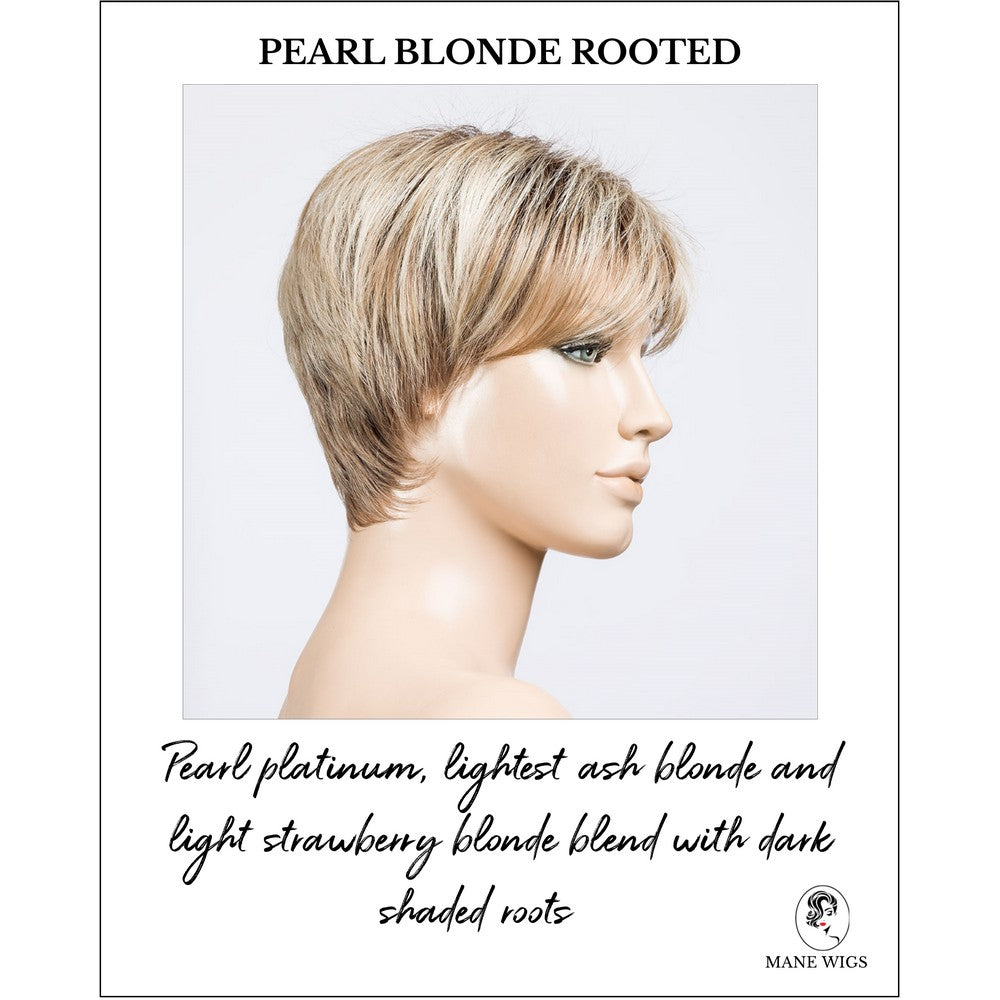 Elan in Pearl Blonde Rooted-Pearl platinum, lightest ash blonde and light strawberry blonde blend with dark shaded roots