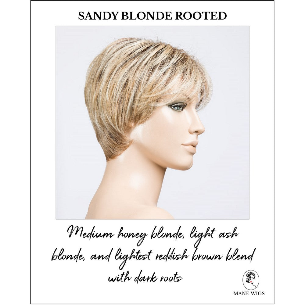 Elan in Sandy Blonde Rooted-Medium honey blonde, light ash blonde, and lightest reddish brown blend with dark roots