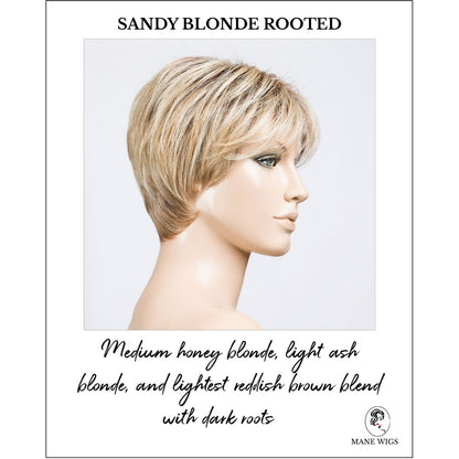 Elan in Sandy Blonde Rooted-Medium honey blonde, light ash blonde, and lightest reddish brown blend with dark roots