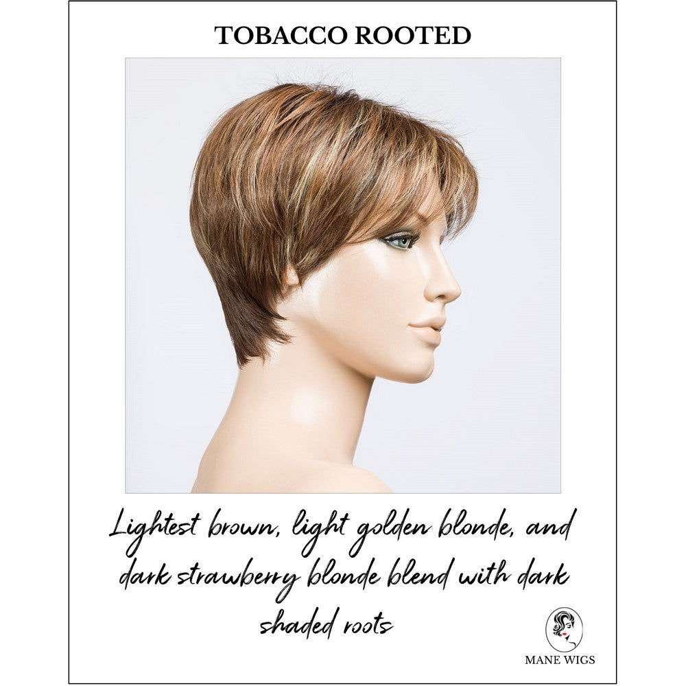 Elan in Tobacco Rooted-Lightest brown, light golden blonde, and dark strawberry blonde blend with dark shaded roots