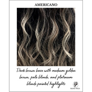 AMERICANO-Dark brown base with medium golden brown, pale blonde, and platinum blonde painted highlights