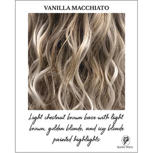 VANILLA MACCHIATO-Light chestnut brown base with light brown, golden blonde, and icy blonde painted highlights