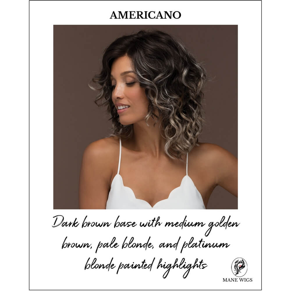 AMERICANO-Dark brown base with medium golden brown, pale blonde, and platinum blonde painted highlights