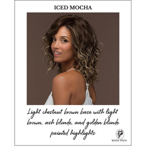 ICED MOCHA-Light chestnut brown base with light brown, ash blonde, and golden blonde painted highlights