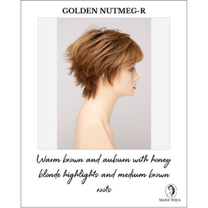 Flame By Envy in Golden Nutmeg-R-Warm brown and auburn with honey blonde highlights and medium brown roots