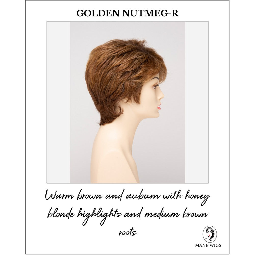 Heather By Envy in Golden Nutmeg-R-Warm brown and auburn with honey blonde highlights and medium brown roots