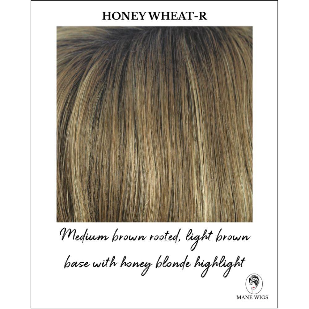 Honey Wheat-R-Medium brown rooted, light brown base with honey blonde highlight