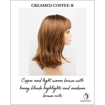 Jolie by Envy in Creamed Coffee-R-Copper and light warm brown with honey blonde highlights and medium brown roots