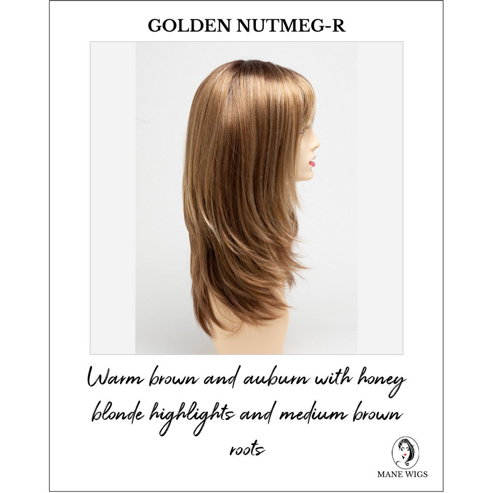 Kate by Envy in Golden Nutmeg-R-Warm brown and auburn with honey blonde highlights and medium brown roots