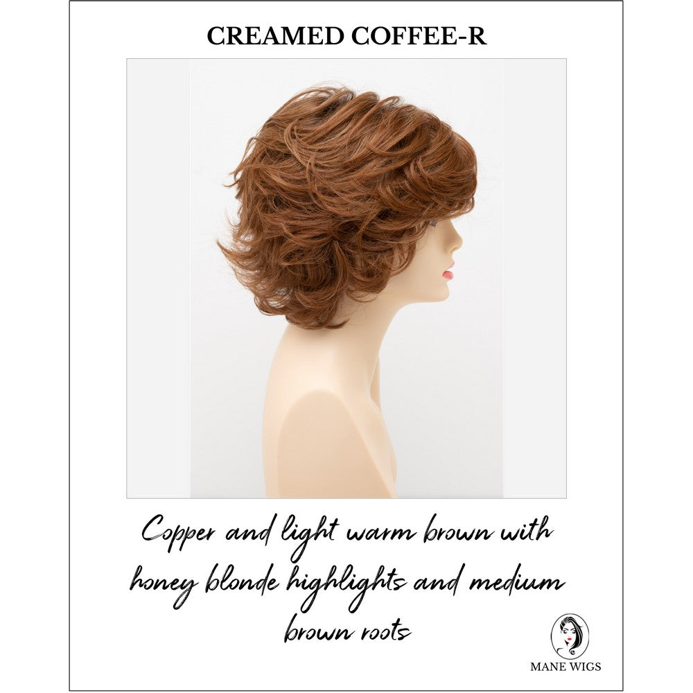 Kylie By Envy in Creamed Coffee-R-Copper and light warm brown with honey blonde highlights and medium brown roots