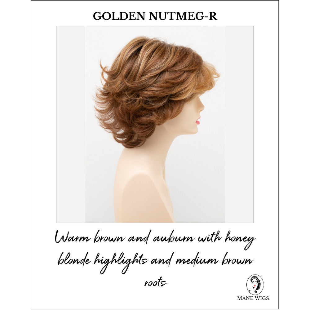 Kylie By Envy in Golden Nutmeg-R-Warm brown and auburn with honey blonde highlights and medium brown roots