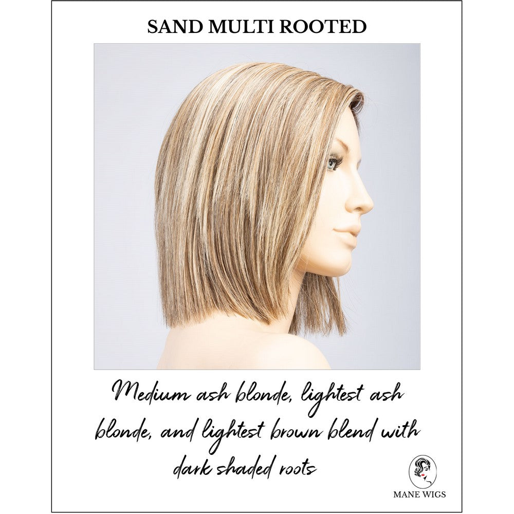 Lia in Sand Multi Rooted-Medium ash blonde, lightest ash blonde, and lightest brown blend with dark shaded roots