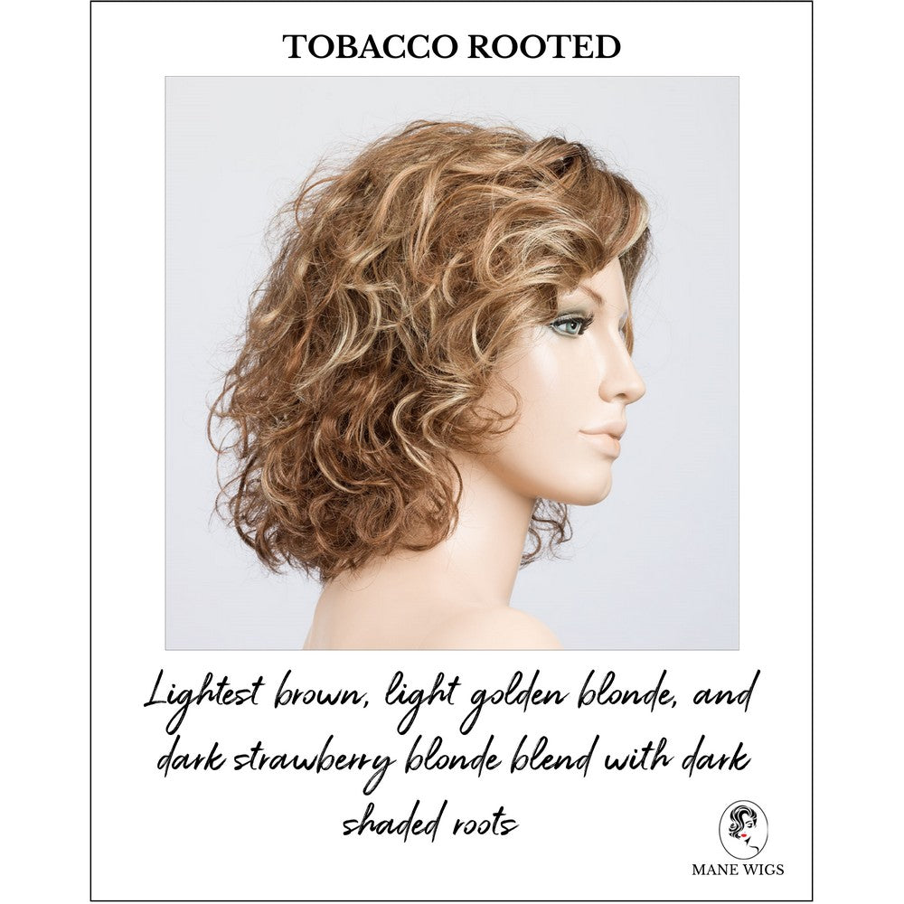 Loop in Tobacco Rooted-Lightest brown, light golden blonde, and dark strawberry blonde blend with dark shaded roots