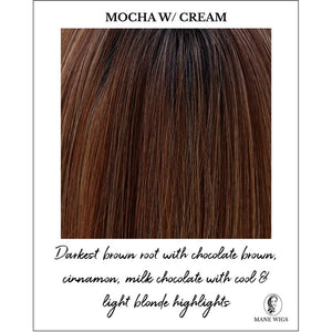 Mocha with Cream-Darkest brown root with chocolate brown, cinnamon, milk chocolate with cool & light blonde highlights