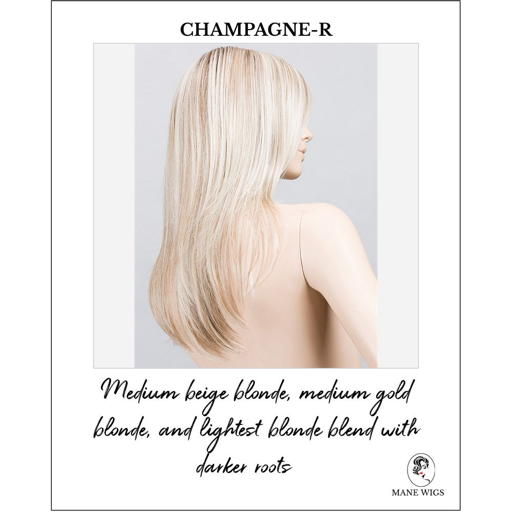 Music by Ellen Wille in Champagne-R-Medium beige blonde, medium gold blonde, and lightest blonde blend with darker roots