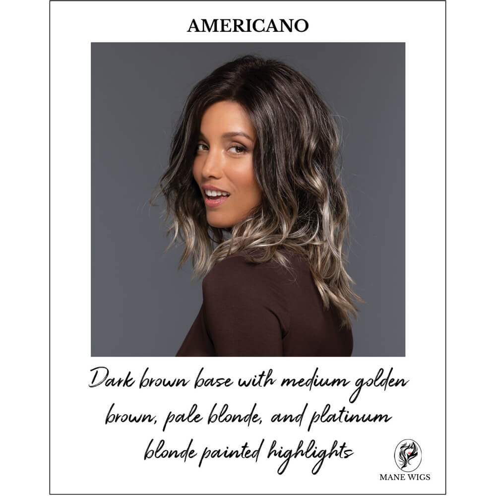AMERICANO-Dark brown base with medium golden brown, pale blonde, and platinum blonde painted highlights