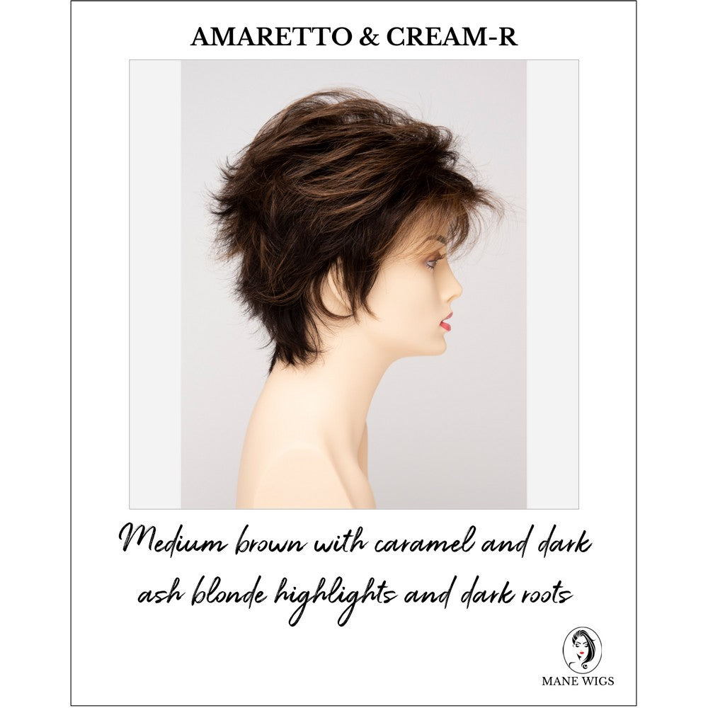 Ophelia By Envy in Amaretto & Cream-R-Medium brown with caramel and dark ash blonde highlights and dark roots