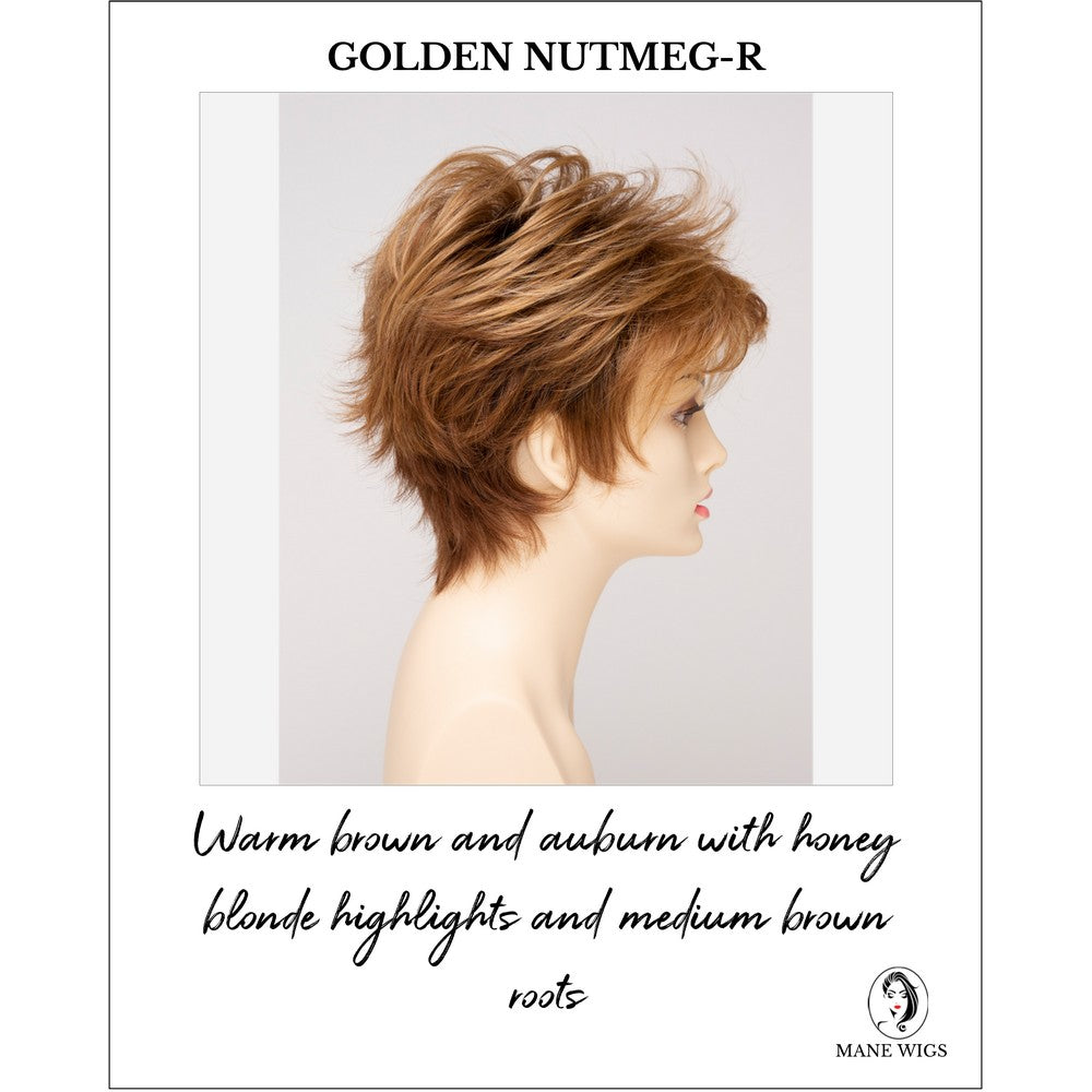 Ophelia By Envy in Golden Nutmeg-R-Warm brown and auburn with honey blonde highlights and medium brown roots