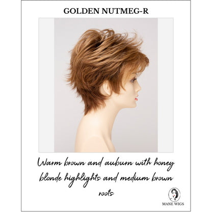 Ophelia By Envy in Golden Nutmeg-R-Warm brown and auburn with honey blonde highlights and medium brown roots
