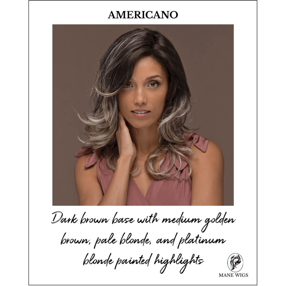 AMERICANO-Dark brown base with medium golden brown, pale blonde, and platinum blonde painted highlights