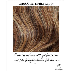 Chocolate Pretzel-R-Dark brown base with golden brown and blonde highlights and dark roots