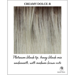 Creamy Dolce-R-Platinum blonde top, honey blonde mix underneath, with medium brown roots
