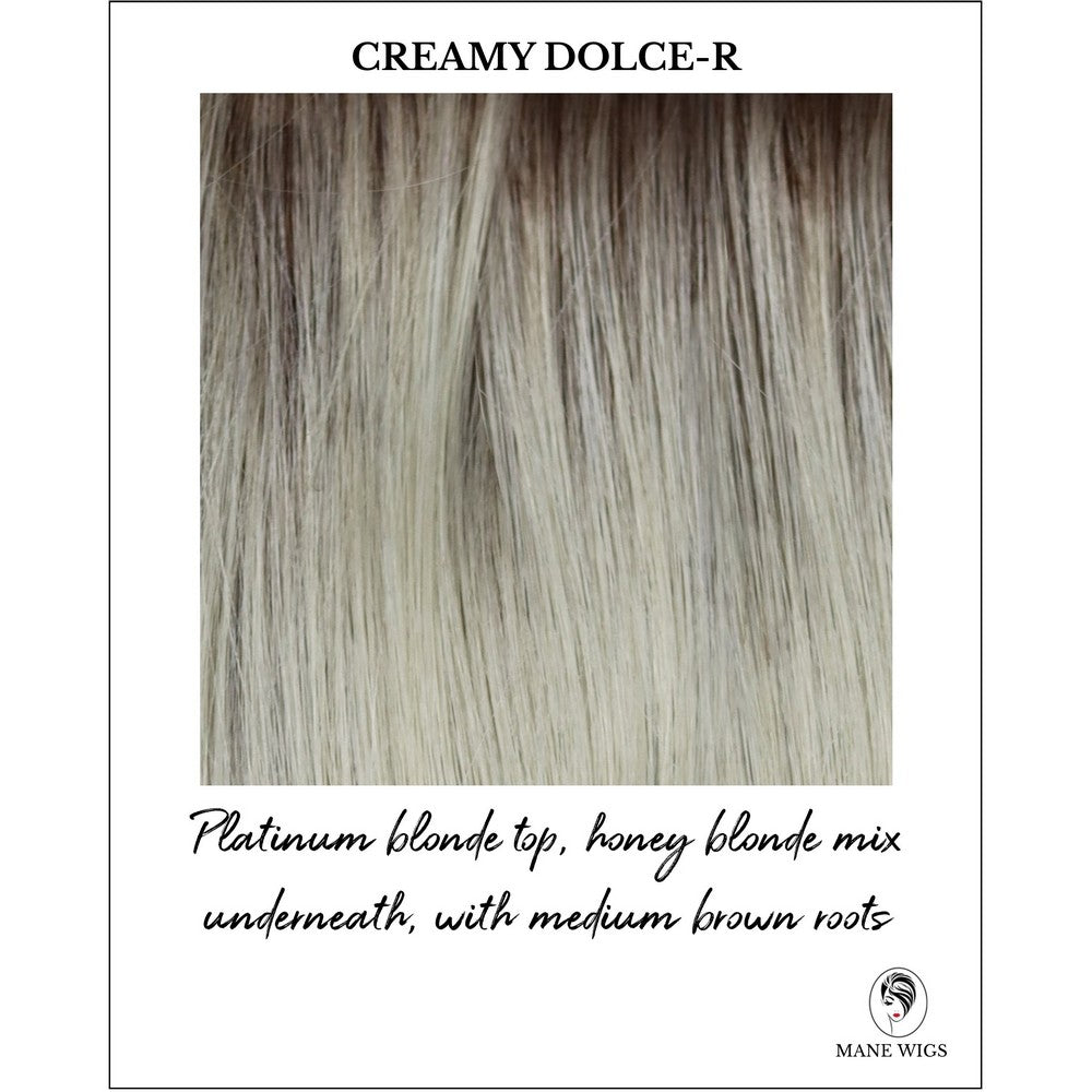 Creamy Dolce-R-Platinum blonde top, honey blonde mix underneath, with medium brown roots