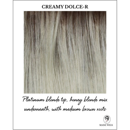 Creamy Dolce-R-Platinum blonde top, honey blonde mix underneath, with medium brown roots