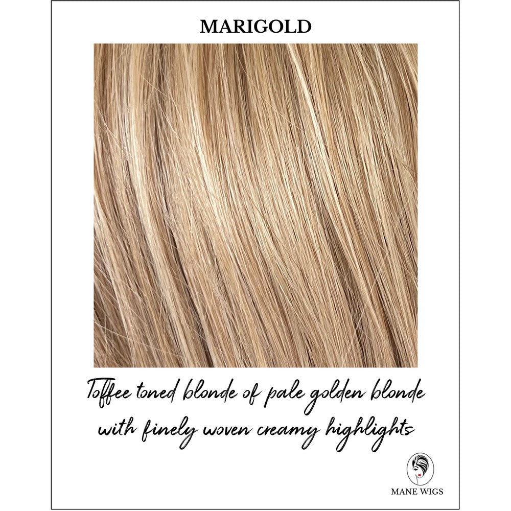Marigold-Toffee toned blonde of pale golden blonde with finely woven creamy highlights