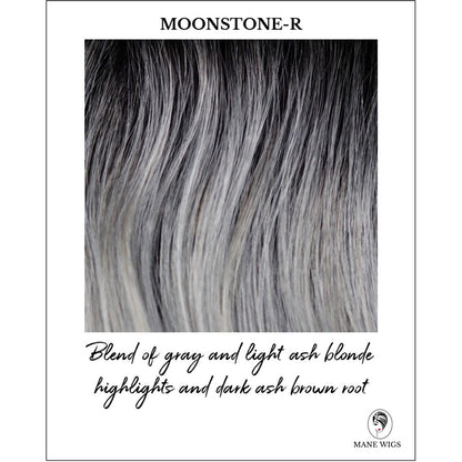 Moonstone-R-Blend of gray and light ash blonde highlights and dark ash brown root