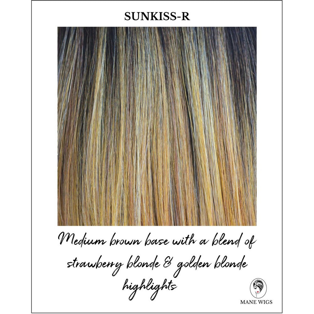 Sunkiss-R-Medium brown base with a blend of strawberry blonde & golden blonde highlights