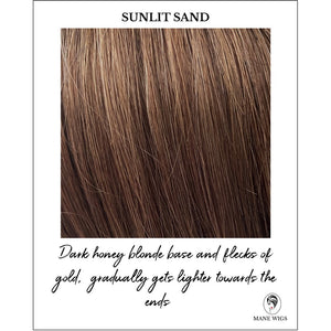 Sunlit Sand-Dark honey blonde base and flecks of gold,  gradually gets lighter towards the ends