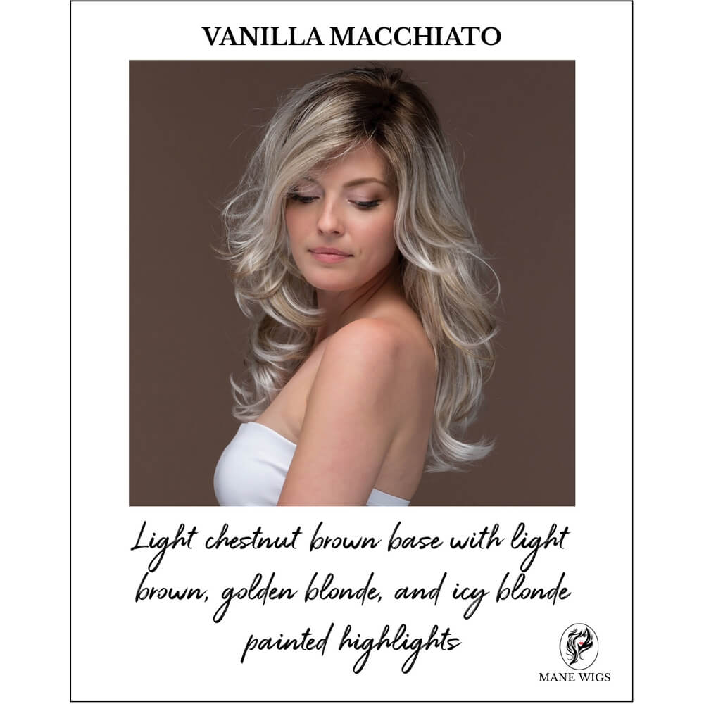 VANILLA MACCHIATO-Light chestnut brown base with light brown, golden blonde, and icy blonde painted highlights