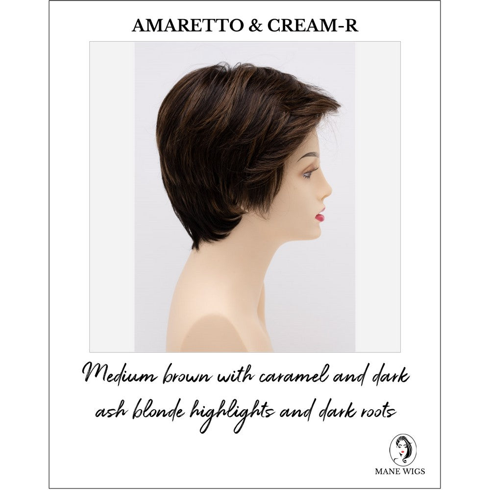 Paula wig by Envy in Amaretto & Cream-R-Medium brown with caramel and dark ash blonde highlights and dark roots