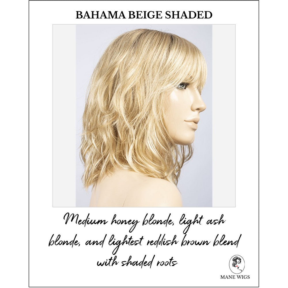 Perla in Bahama Beige Shaded-Medium honey blonde, light ash blonde, and lightest reddish brown blend with shaded roots