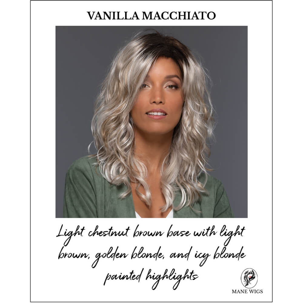VANILLA MACCHIATO-Light chestnut brown base with light brown, golden blonde, and icy blonde painted highlights