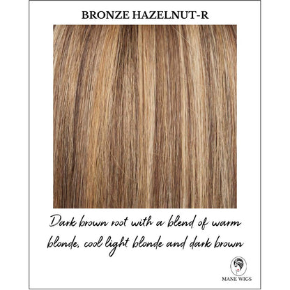 Bronze Hazelnut-R-Dark brown root w/ a blend of warm blonde, cool light blonde and dark brown