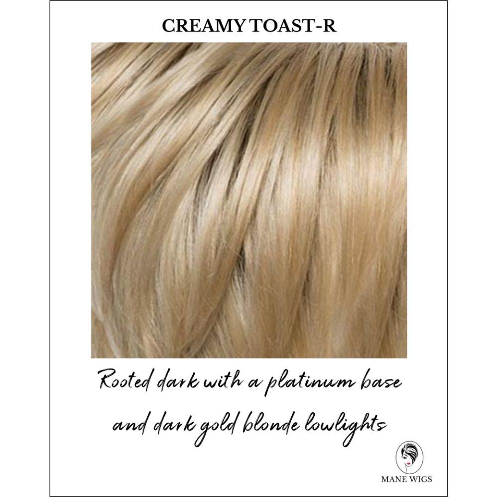 Creamy Toast-R-Rooted dark with a platinum base and dark gold blonde lowlights