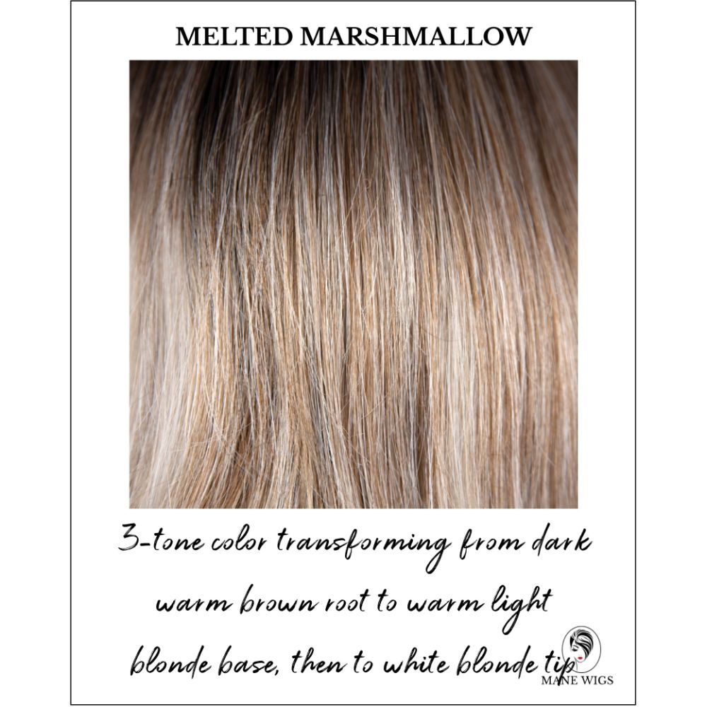 Melted Marshmallow-3-tone color transforming from dark warm brown root to warm light blonde base, then to white blonde tip