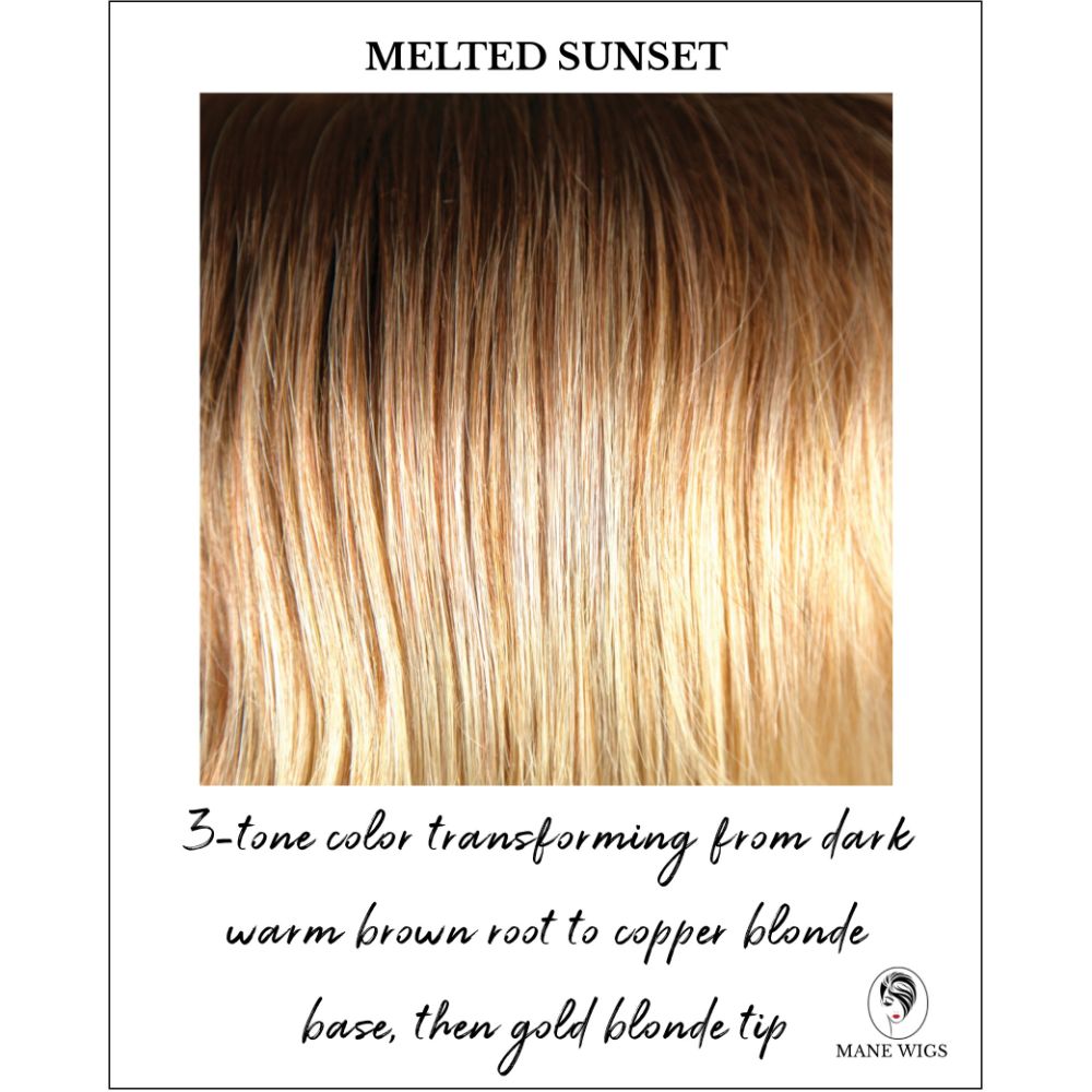 Melted Sunset-3-tone color transforming from dark warm brown root to copper blonde base, then gold blonde tip