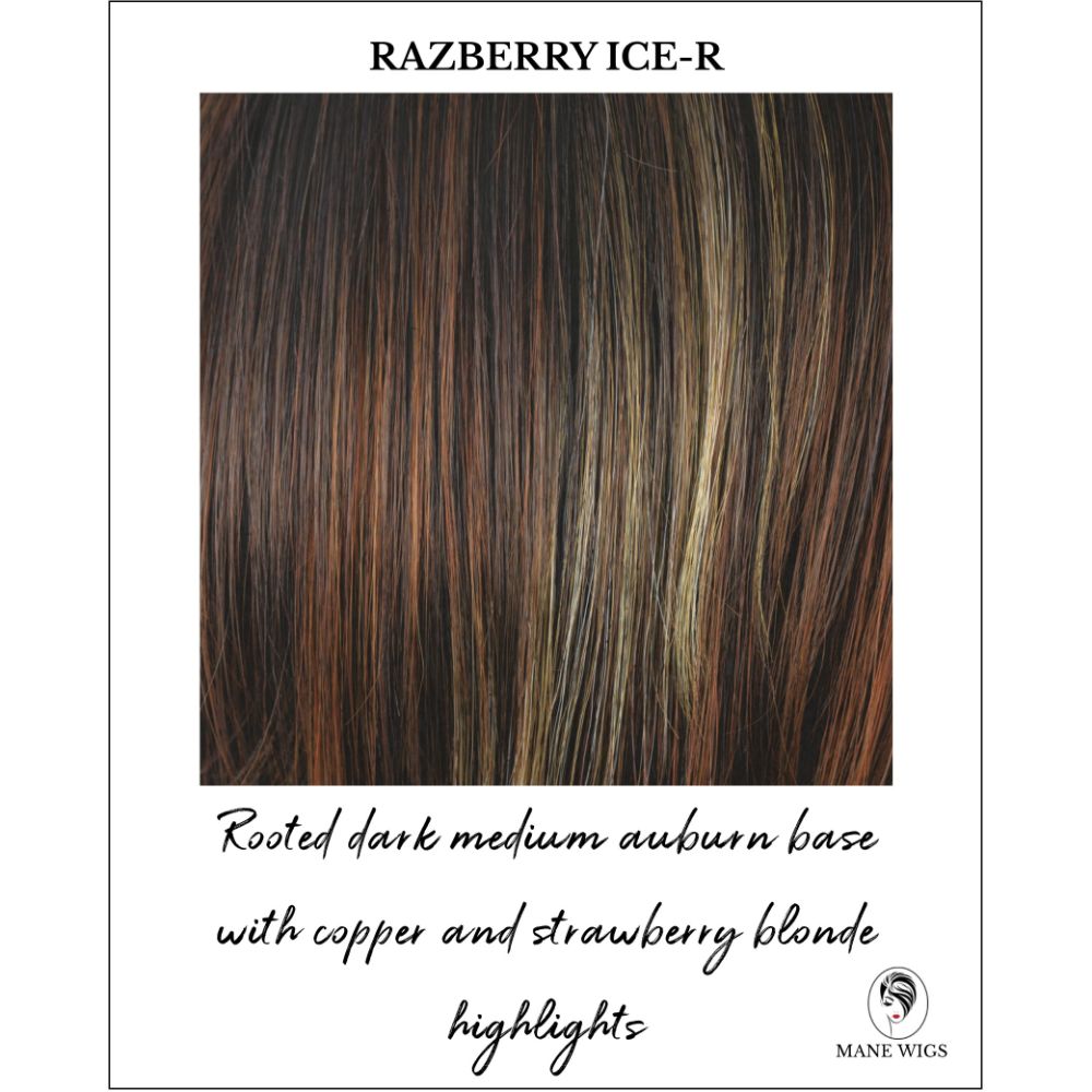 Razberry Ice-R-Rooted dark medium auburn base with copper and strawberry blonde highlights