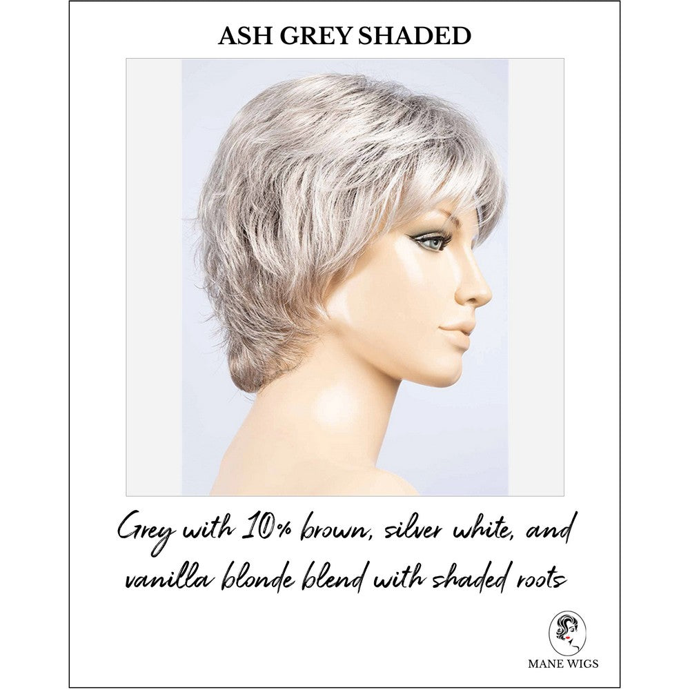 Rica by Ellen Wille in Ash Grey Shaded-Grey with 10% brown, silver white, and vanilla blonde blend with shaded roots