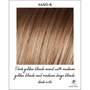 Sand-R-Dark golden blonde mixed with medium golden blonde and medium beige blonde, dark roots