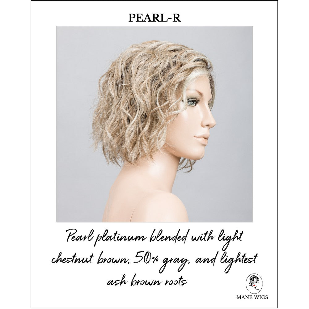 Scala wig by Ellen Wille in Pearl-R-Pearl platinum blended with light chestnut brown, 50% gray, and lightest ash brown roots