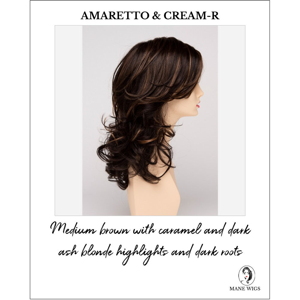 Selena By Envy in Amaretto & Cream-R-Medium brown with caramel and dark ash blonde highlights and dark roots