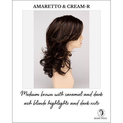 Selena By Envy in Amaretto & Cream-R-Medium brown with caramel and dark ash blonde highlights and dark roots