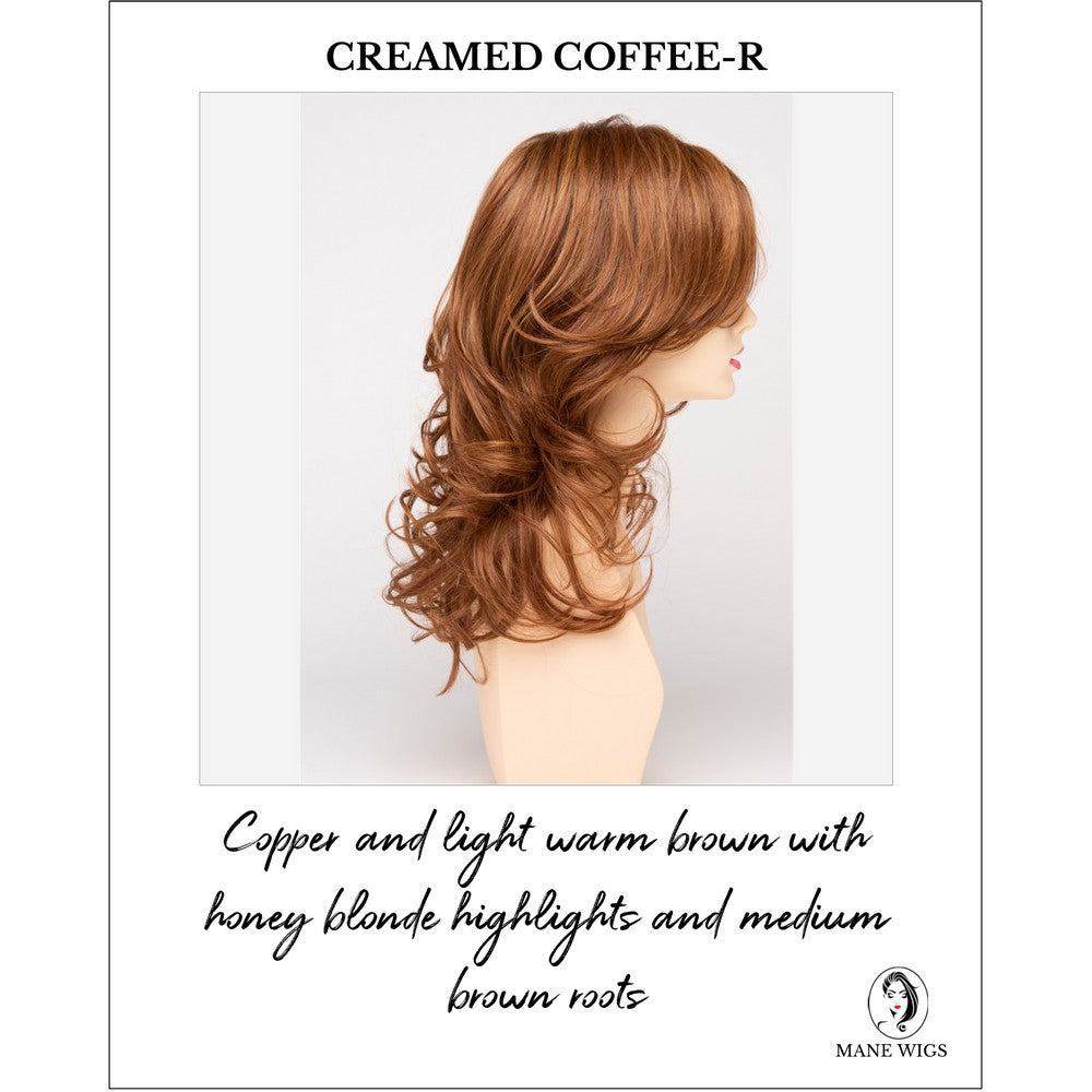 Selena By Envy in Creamed Coffee-R-Copper and light warm brown with honey blonde highlights and medium brown roots