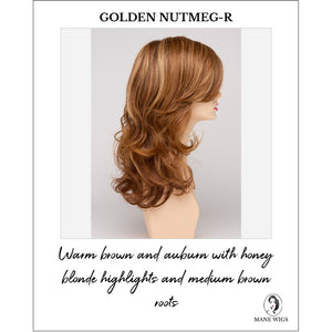 Selena By Envy in Golden Nutmeg-R-Warm brown and auburn with honey blonde highlights and medium brown roots